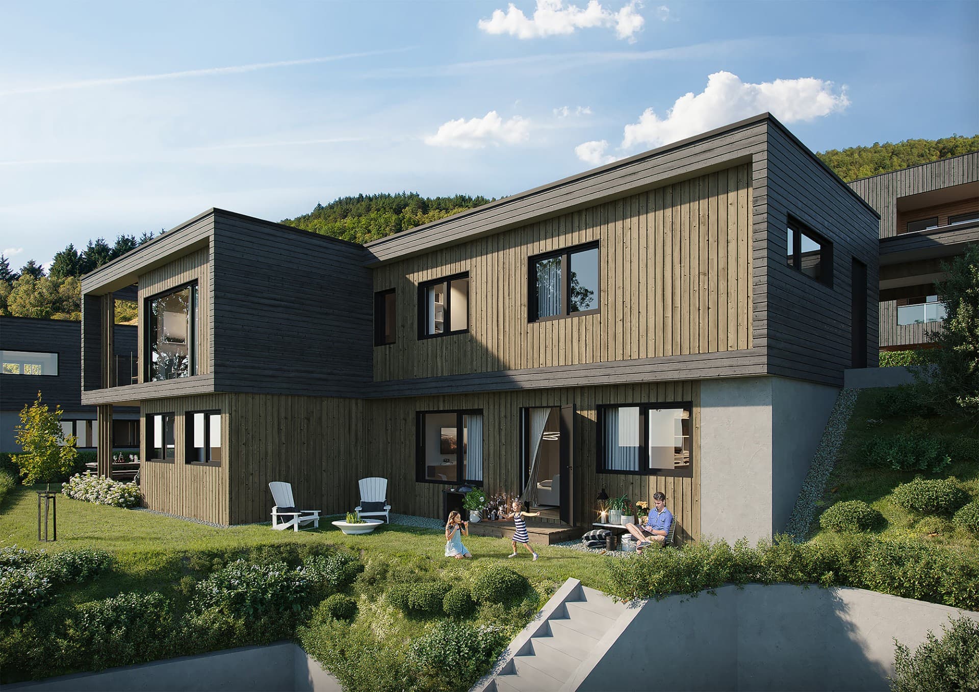 Visualisering av bolig med hage og terrasse